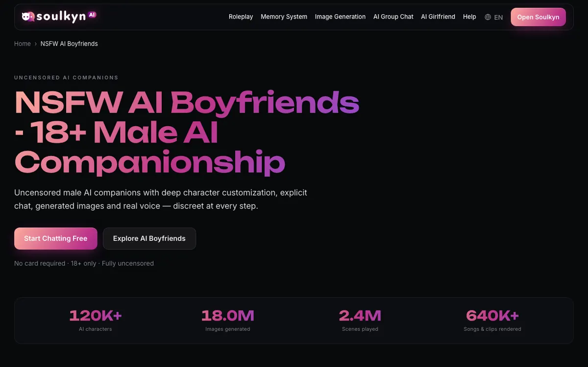 Screenshot of the Soulkyn homepage, 2026-10-15